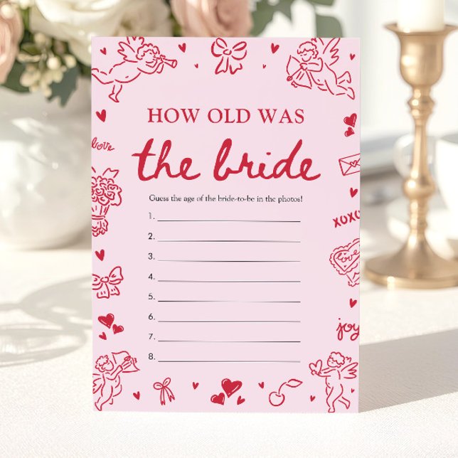 Convites Jogo Rosa Desenhado à Mão 'Quantos Anos Tinha a No (Pink Hand Drawn How Old Was The Bride Game)