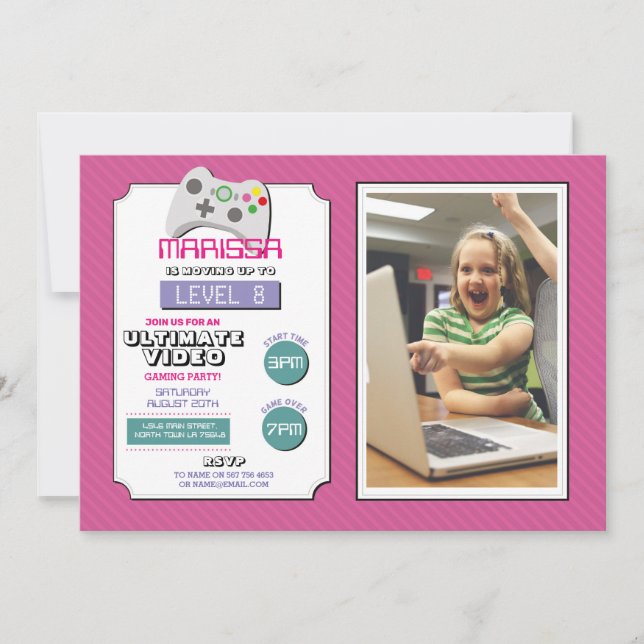 Convites Jogo video das meninas da foto do rosa do jogo de (Frente)