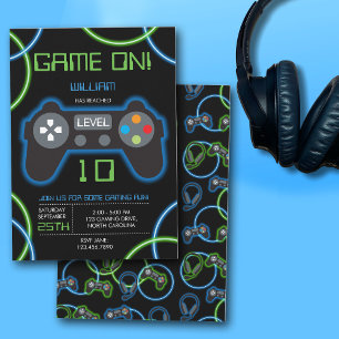 Convites Jogo Vídeo Neon Blue & Green Festa de aniversário