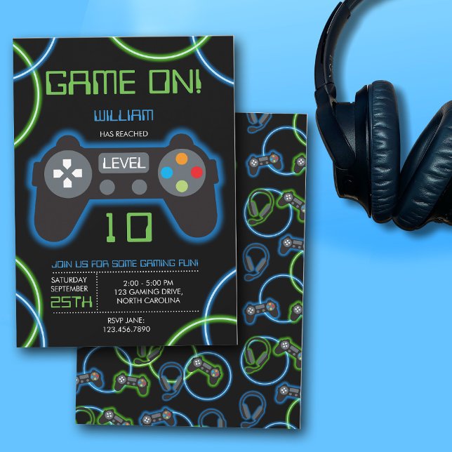 Convites Jogo Vídeo Neon Blue & Green Festa de aniversário (Video Game Neon Blue & Green Birthday Party Invitation)