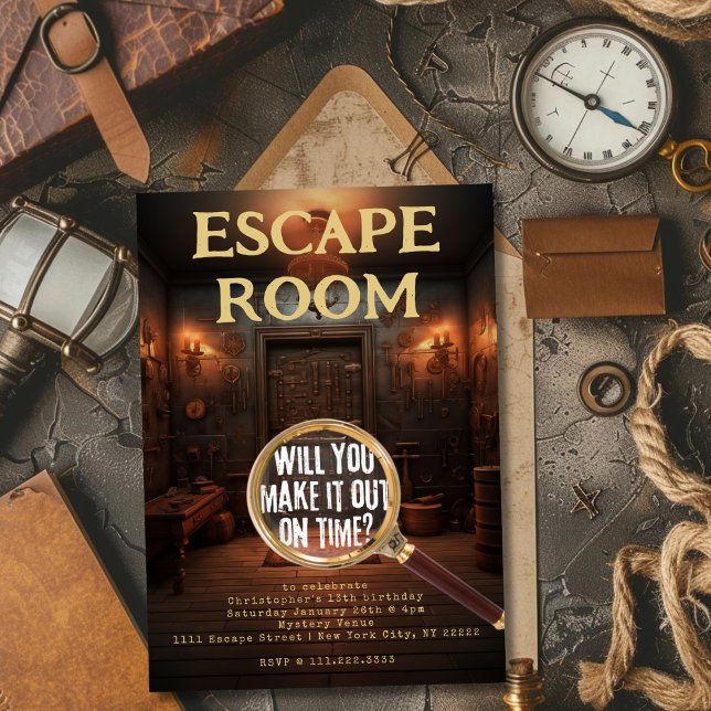 Convites Jogos de Escape Room Festa de Aniversário (Escape Room Games Birthday Party Invitation)