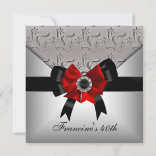 Convites Jóia de Arco Preto Vermelho Floral Prata de Aniver