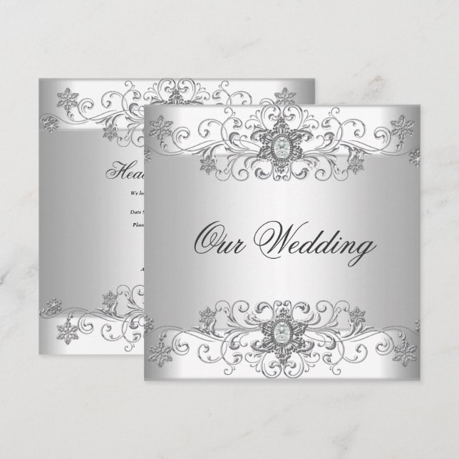 Convites Joia de Diamante Branco Prata de Casamento Elegant (Frente/Verso)