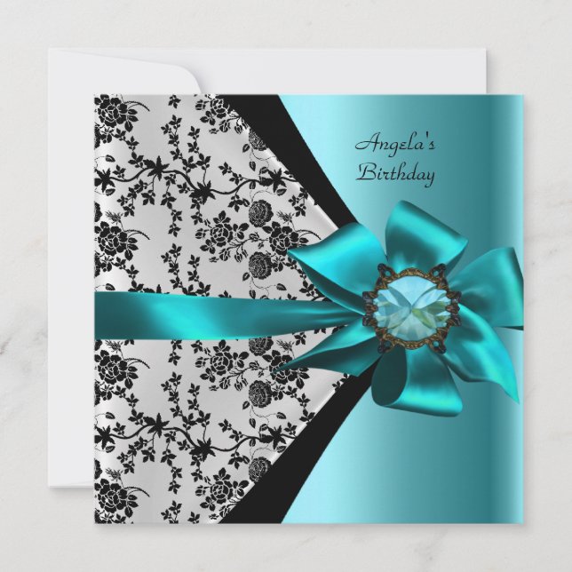 Convites Jóia de Laço Preto Azul Teal Damask Festa de Anive (Frente)