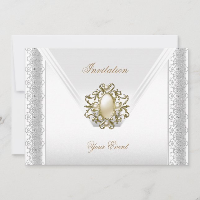 Convites Joia de Pérola Branca de Seda Elegante para Todas  (Frente)