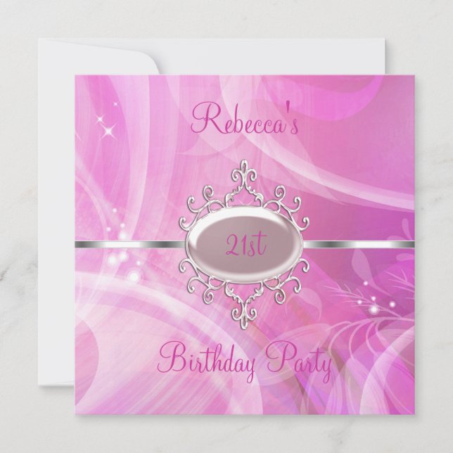 Convites Joia de Prata Abstrata Rosa Aniversário de 21 anos (Frente)