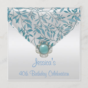 Convites Jóia Floral Azul Teal Branco Aniversário de 40 ano