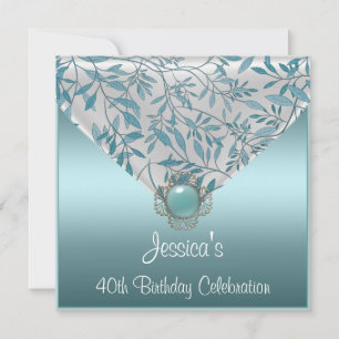 Convites Jóia Floral Azul Teal Branco Aniversário de 40 ano
