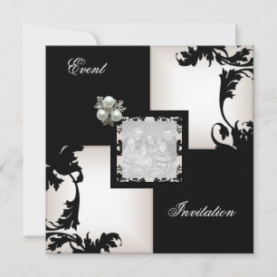 Convites Joia Floral Preta e Branca Pérola Elegante