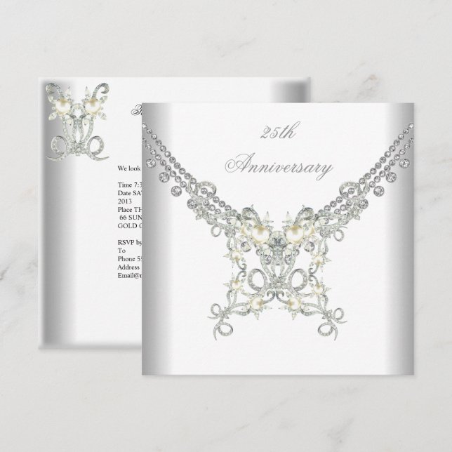 Convites Jóia Pérola Prata 25º Aniversário (Frente/Verso)