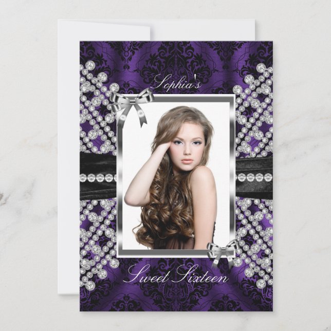 Convites Jóia Preta Prata Roxa & Foto Damask Doce 16 (Frente)