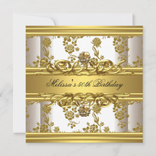 Convites Joias Florais de Aniversário de 50 Anos Dourado So