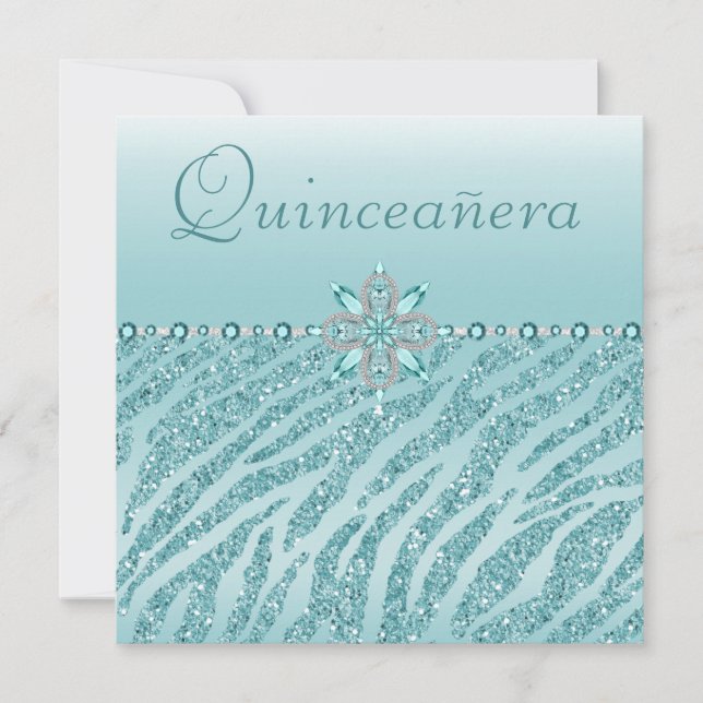 Convites Joias Impressas de Quinceanera Teal & Zebra Glitte (Frente)