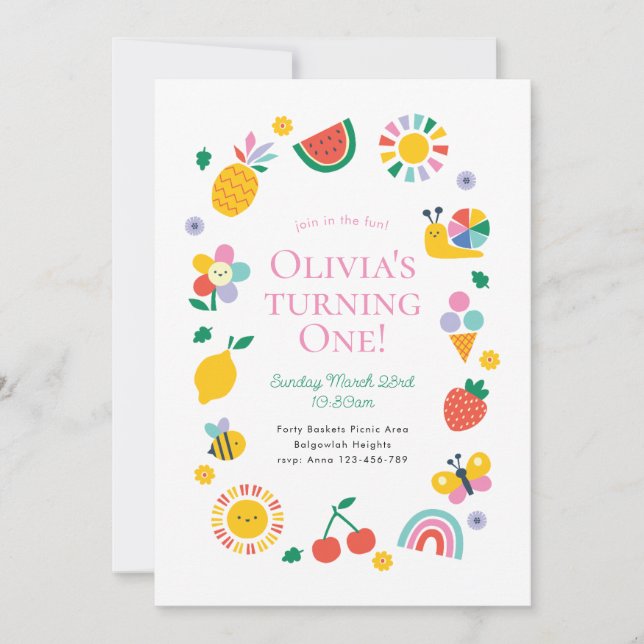 Convites Join in the Fun Coloful Playful First Birthday (Frente)