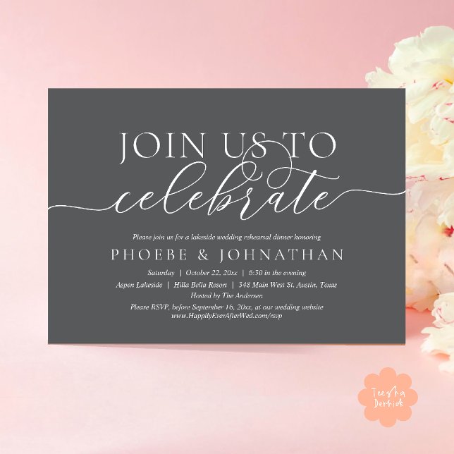 Convites Join Us To Celebrate, Wedding Rehearsal Dinner (Join Us To Celebrate, Modern Classy Wedding Rehearsal Dinner Invitation card in dark grey)
