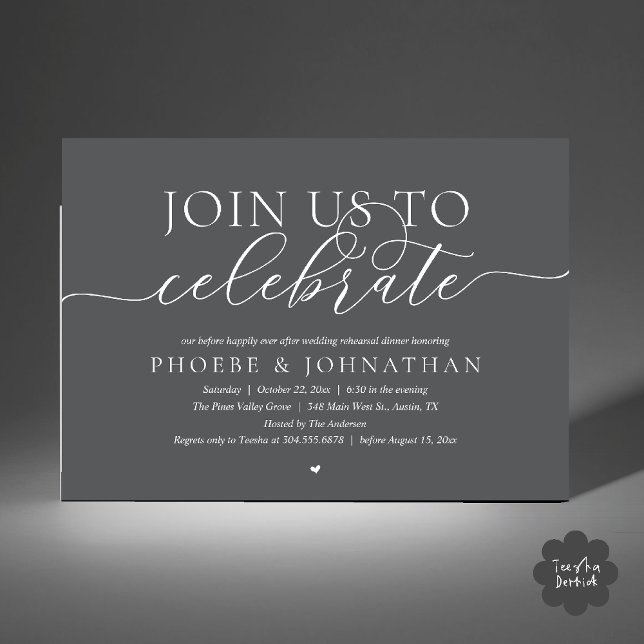 Convites Join Us To Celebrate, Wedding Rehearsal Dinner (Join Us To Celebrate, Modern Classy Wedding Rehearsal Dinner Invitation card in dark grey)