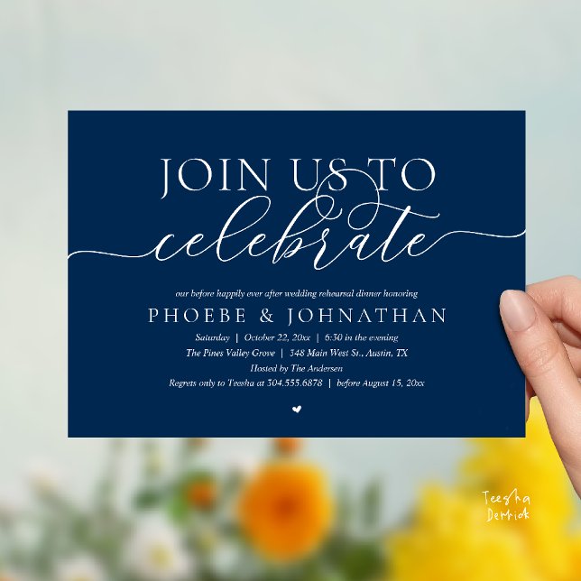Convites Join Us To Celebrate, Wedding Rehearsal Dinner (Join Us To Celebrate, Wedding Rehearsal Dinner Invitation card in navy blue)
