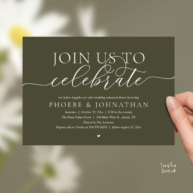 Convites Join Us To Celebrate, Wedding Rehearsal Dinner (Join Us To Celebrate, Modern Classy Wedding Rehearsal Dinner Invitation card in olive green)