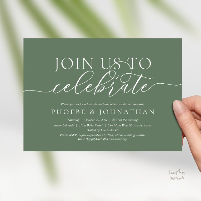 Convites Join Us To Celebrate, Wedding Rehearsal Dinner (Join Us To Celebrate, Modern Classy Wedding Rehearsal Dinner Invitation card in sage green)