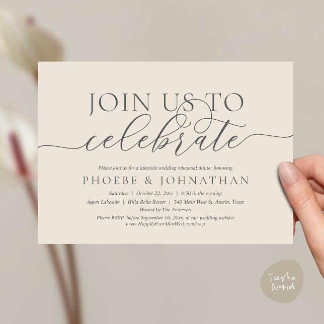 Convites Join Us To Celebrate, Wedding Rehearsal Dinner (Join Us To Celebrate, Modern Classy Wedding Rehearsal Dinner Invitation card in cream grey)