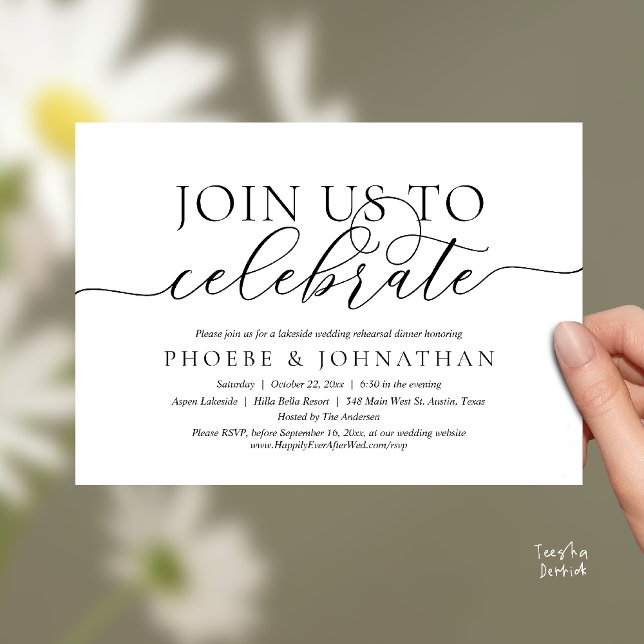 Convites Join Us To Celebrate, Wedding Rehearsal Dinner (Join Us To Celebrate, Modern Classy Wedding Rehearsal Dinner Invitation card in black and white)