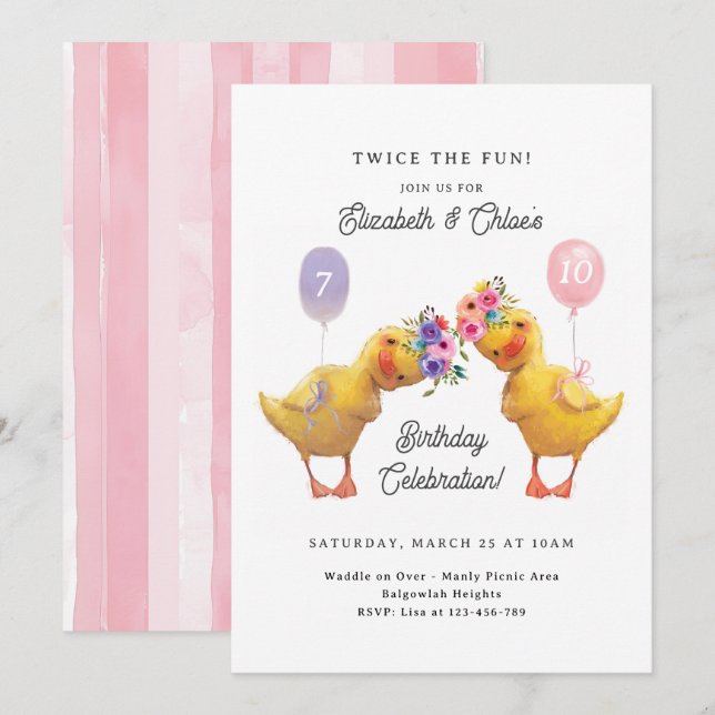 Convites Joint Birthday Invite, Duck Double Party (Frente/Verso)
