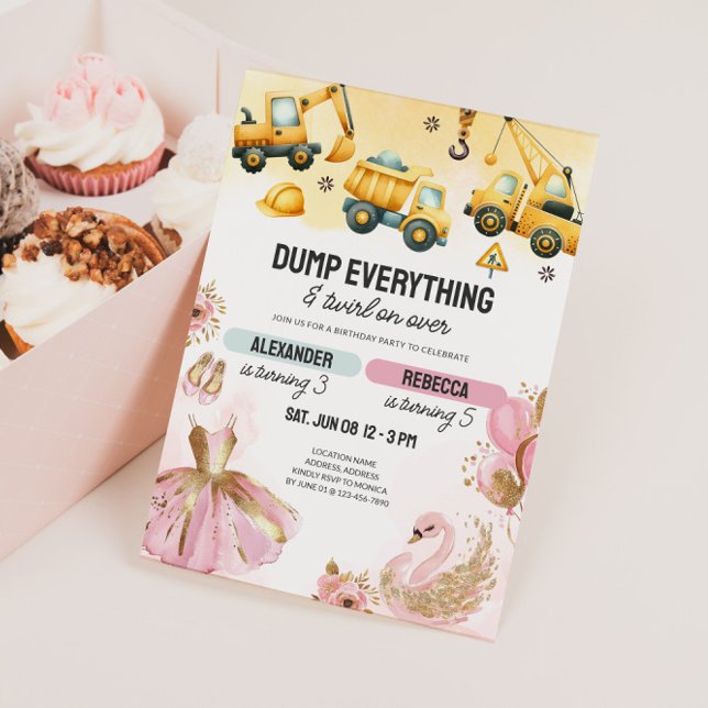 Convites Joint Construction & Ballerina Sibling Birthday (Joint Kids Birthday Invite - Construction & Ballerina)