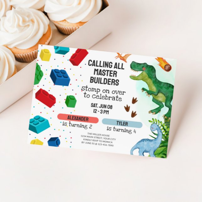 Convites Joint Dinosaur & Building Blocks Sibling Birthday (Joint Kids Birthday Party Invite - Dinosaurs and Building Blocks)