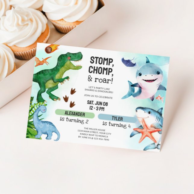Convites Joint Dinosaur & Sharks Sibling Birthday (Dual Birthday Party Invitation - Sharks and Dinosaurs)