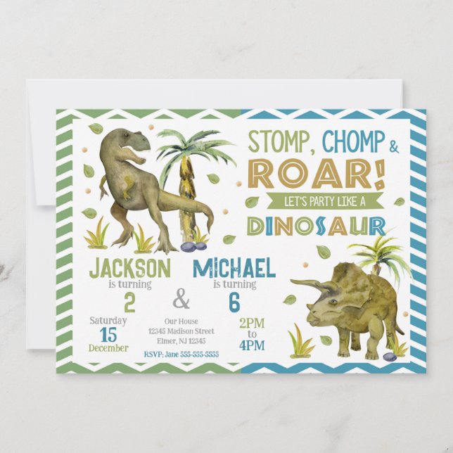 Convites Joint Dinosaurs Siblings Birthday Invitation (Frente)