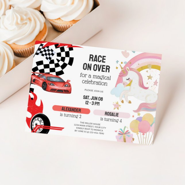 Convites Joint Unicorn & Race Cars Sibling Birthday (Joint Kids Birthday Party Invitation - Race Cars & Unicorns)