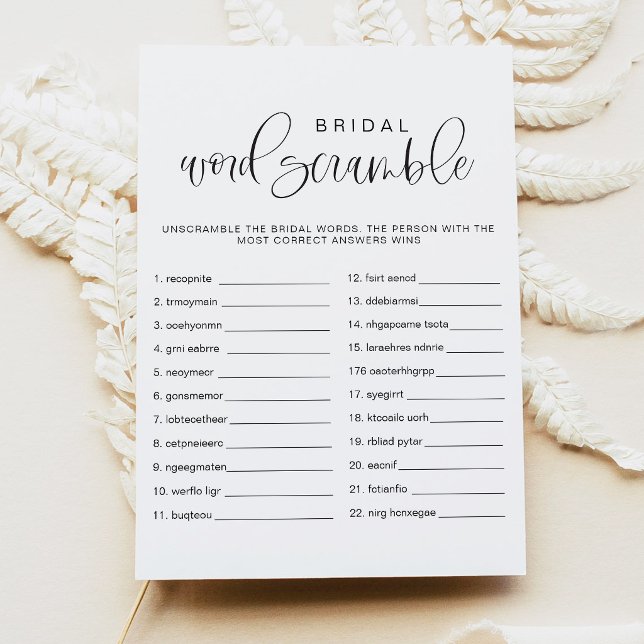 Convites JOLIE Jogo de Desembaralhar Palavras para Chá de N (Modern Boho Typography Word Scramble Bridal Shower Game Cards)