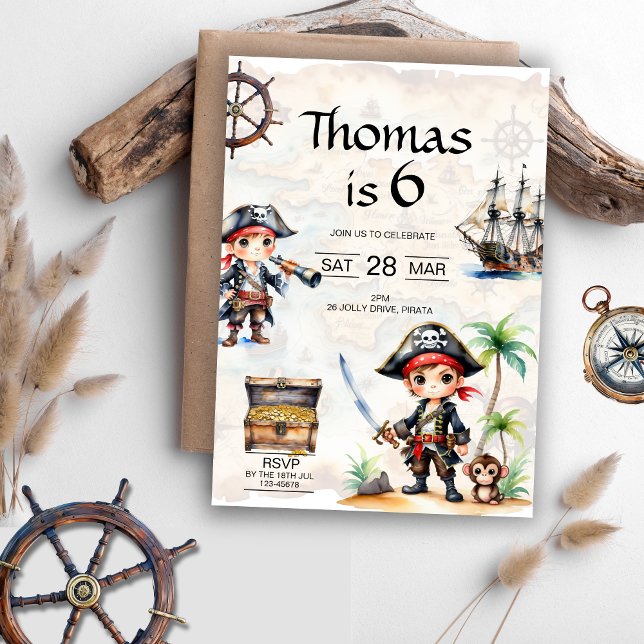 Convites Jolly Pirates 6 Birthday (Jolly Pirates 6th Birthday Invitation)