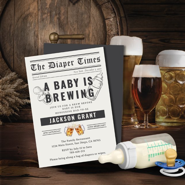 Convites Jornal A Baby is Breing Fralda Party (Newspaper A Baby is Brewing Diaper Party Invitation)