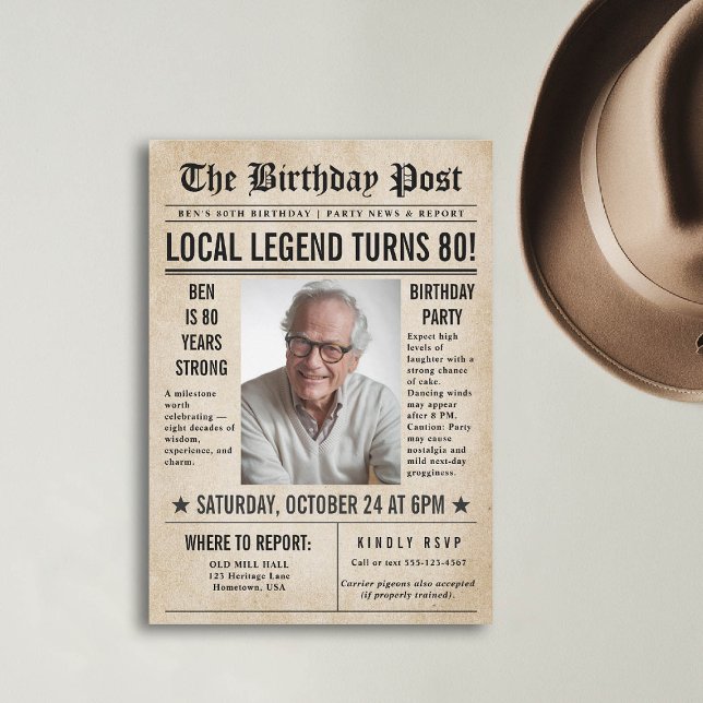 Convites Jornal Aniversário Notícias Engraçadas Homens Humo (80th birthday party for men invitation card photo template vintage newspaper news funny humorous)