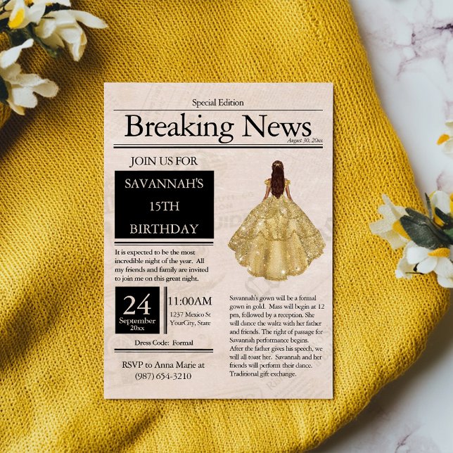 Convites Jornal Antigo Quinceañera Dourado (Criador carregado)