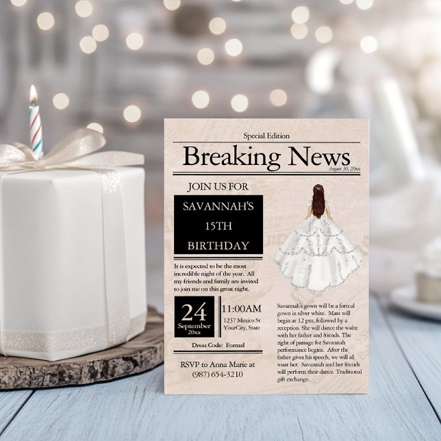 Convites Jornal Antigo Quinceañera Prata Branco (Criador carregado)