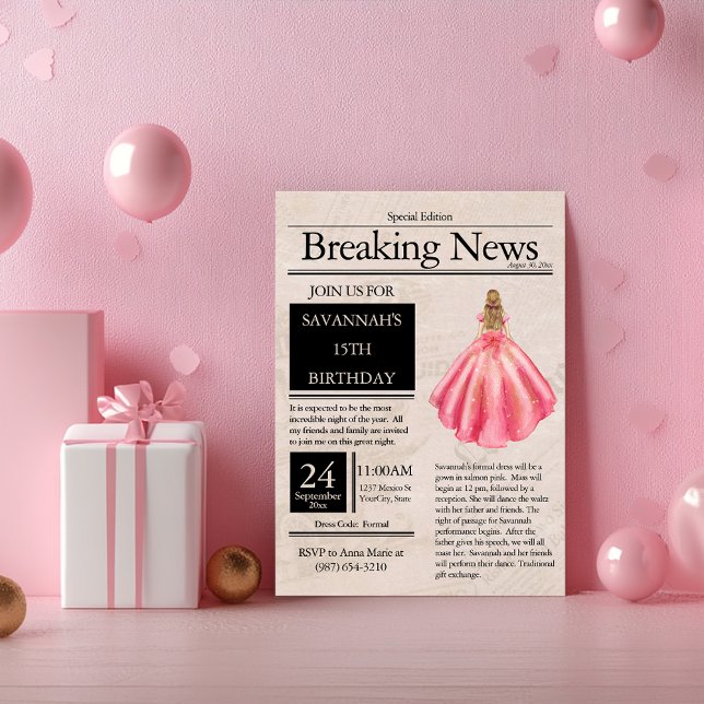 Convites Jornal Antigo Quinceañera Rosa Salmão (Criador carregado)