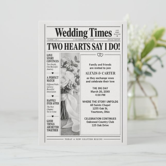Convites Jornal de Casamento (Em pé/Frente)