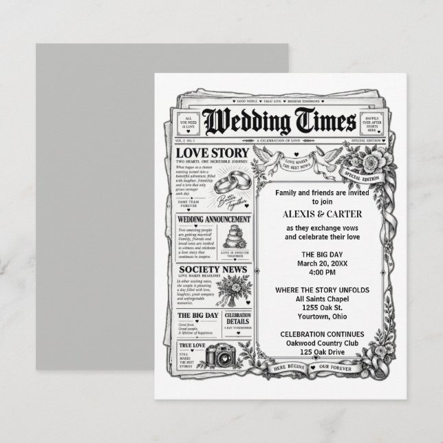 Convites Jornal de Casamento (Frente/Verso)