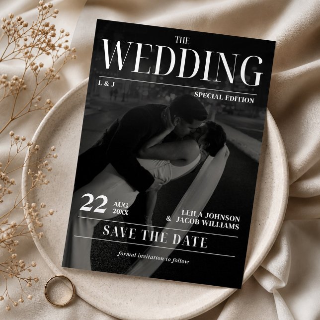 Convites Jornal de Casamento Save the Date Moderno Revista (Newspaper Wedding Save the Date Modern Magazine Invitation, Photo Wedding Invite, Magazine Cover)