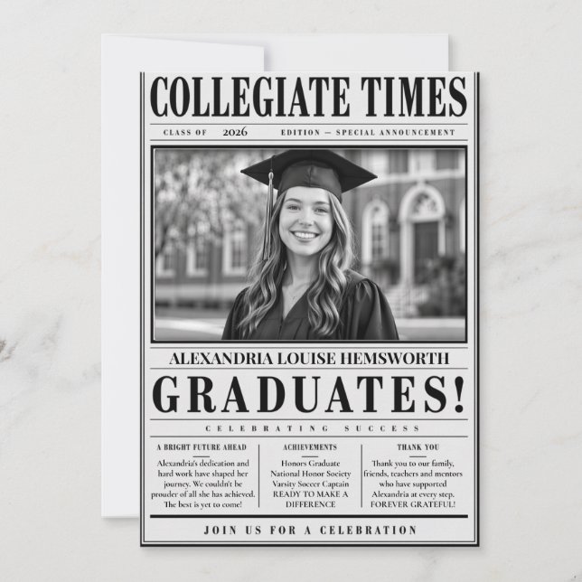 Convites Jornal de código QR personalizado de Graduação (Frente)