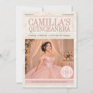 Convites Jornal de Foto de Quinceanera Rosa Elegante