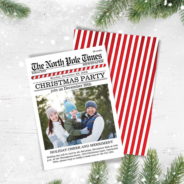 Convites Jornal Red and White do Feriado (Christmas party photo invitations.)