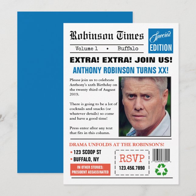 Convites Jornal temia qualquer idade Foto de aniversário Co (Frente/Verso)