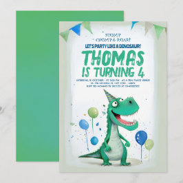 Convites Jovem Dinossauro Azul e Verde Aniversário