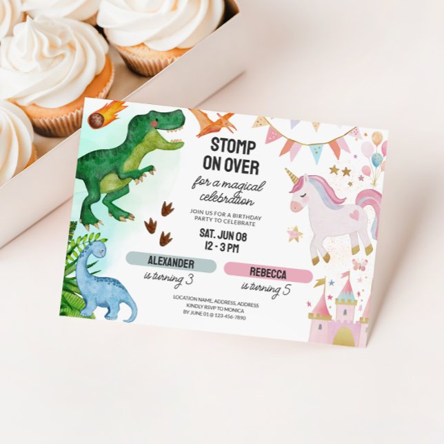 Convites Jovem Dinossauro Comum e Garota Unicorn Aniversári (Joint Dinosaur Unicorn Kids Birthday Invitation)