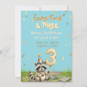 Convites Jovem Feral & Três, Dourado, Aniversário de 3 anos