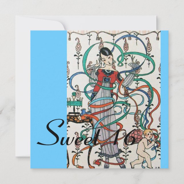 Convites JOVEM GAROTA, COR FRILHANTES DOCE 16 PARTES Azul (Frente)