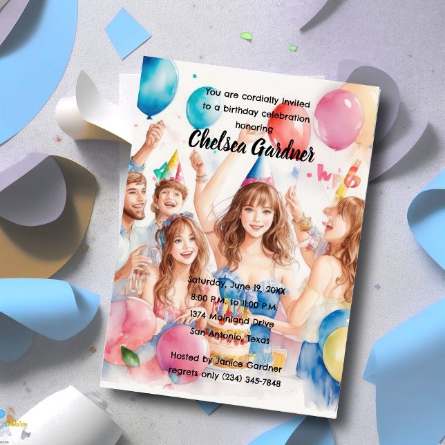 Convites Jovem Pessoas de Aquarela Celebrando Aniversário (Criador carregado)